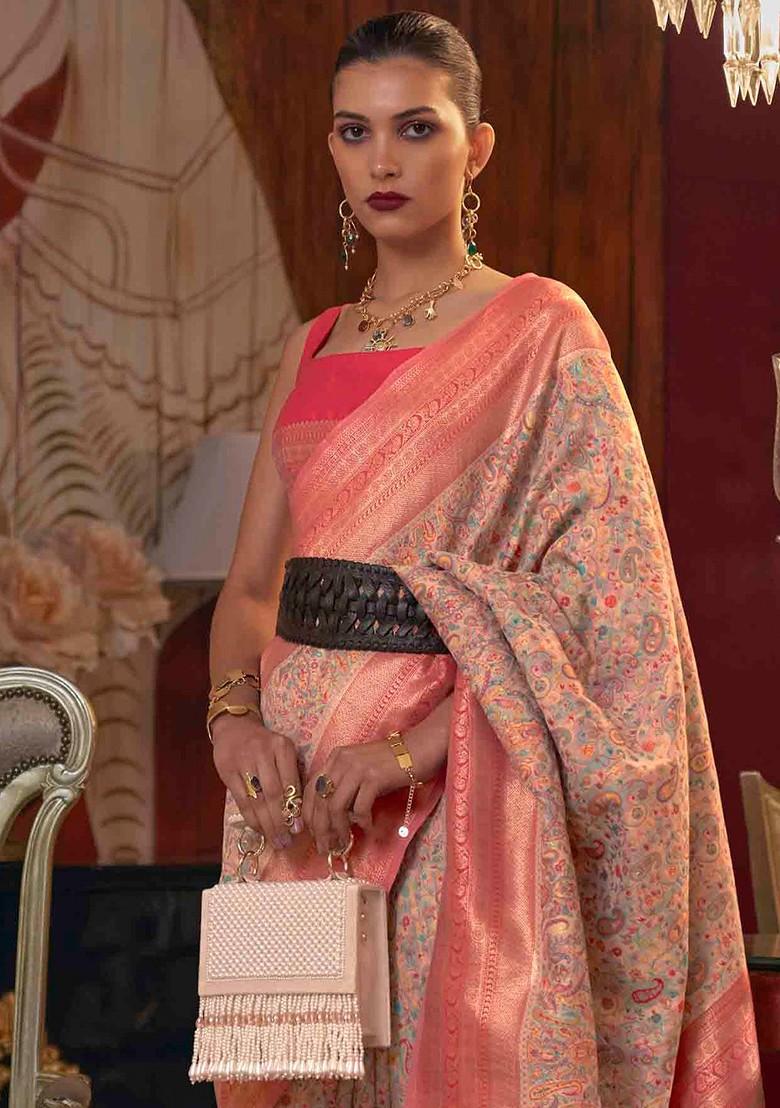 Peach Embroidered Poly Blend Sarees