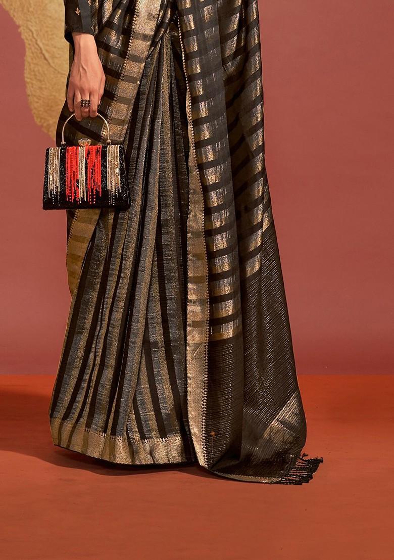 Black Embroidered Poly Blend Sarees