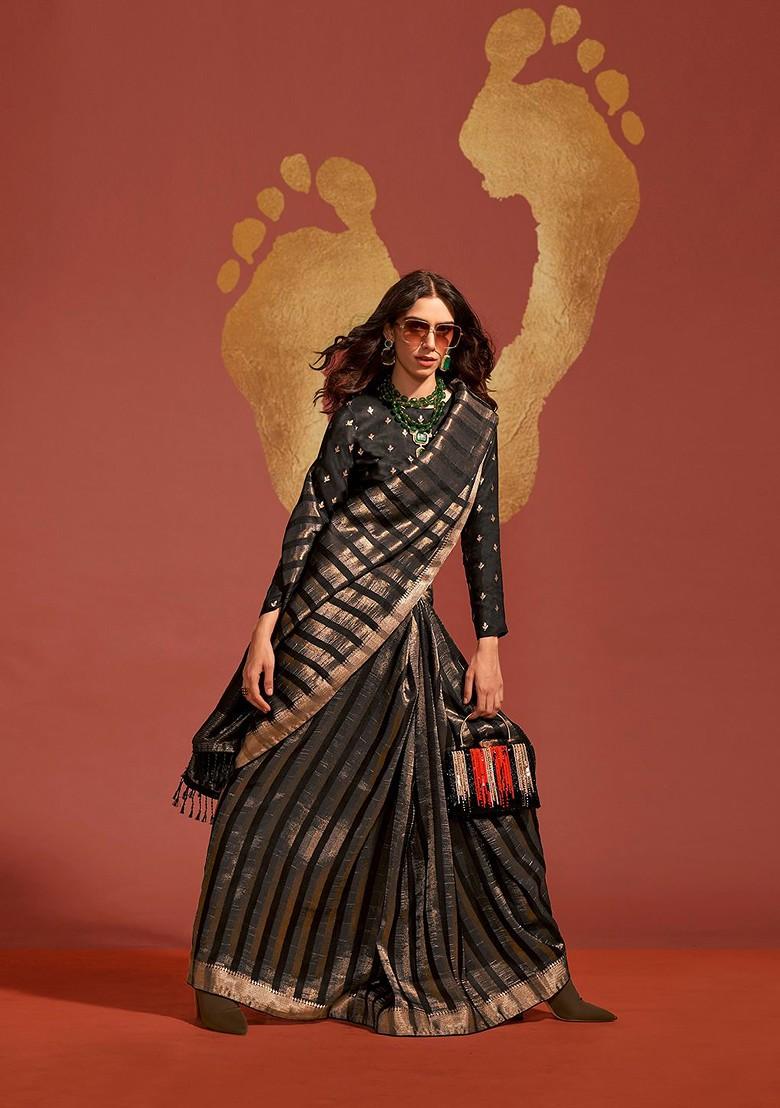 Black Embroidered Poly Blend Sarees