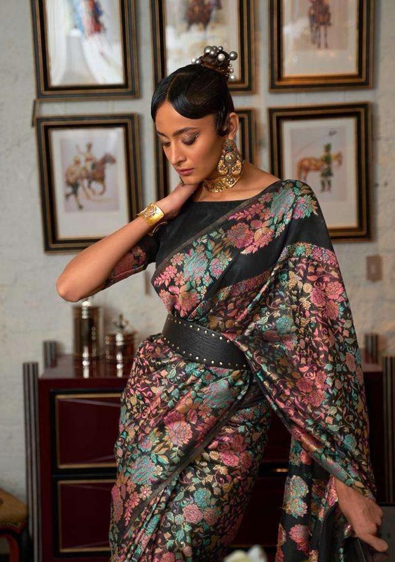 Black Embroidered Poly Blend Sarees