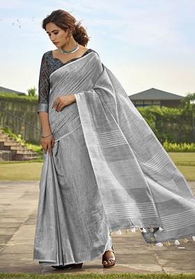 Grey Embroidered Poly Blend Sarees