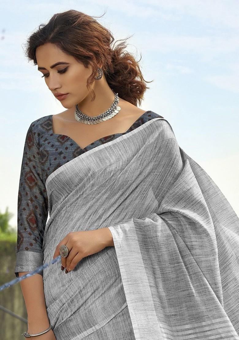 Grey Embroidered Poly Blend Sarees