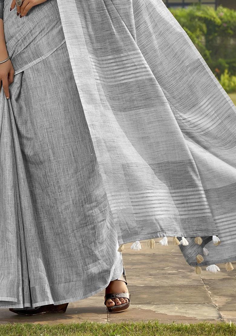 Grey Embroidered Poly Blend Sarees