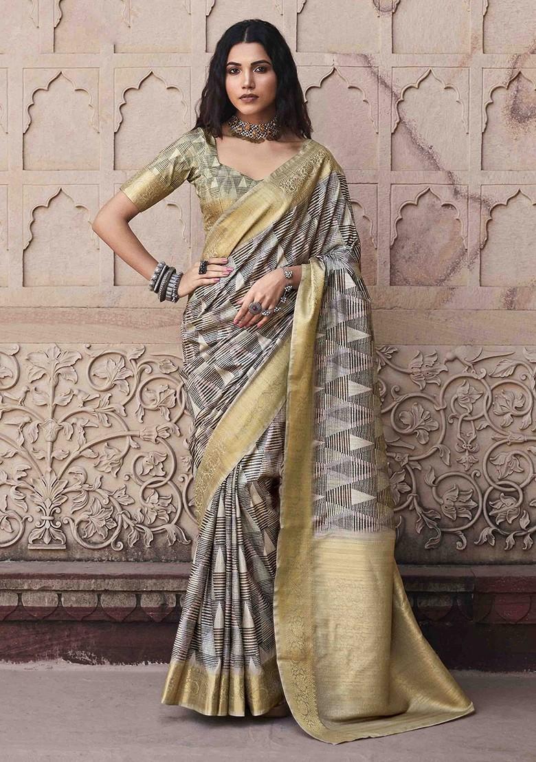 Beige Embroidered Poly Blend Sarees