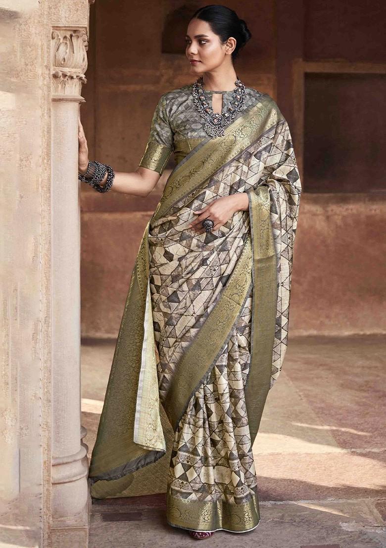 Grey Embroidered Poly Blend Sarees