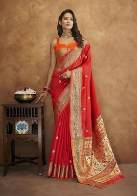 Red Embroidered Poly Blend Sarees