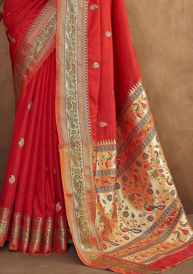 Red Embroidered Poly Blend Sarees
