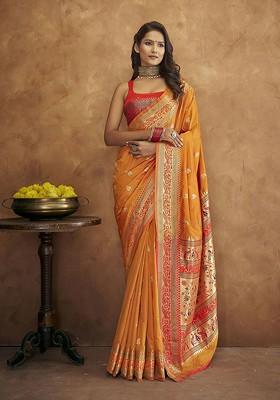 Orange Embroidered Poly Blend Sarees