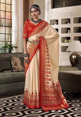 Beige Embroidered Poly Blend Sarees