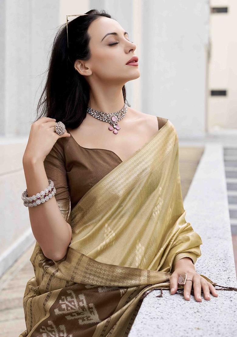 Beige Embroidered Poly Blend Sarees