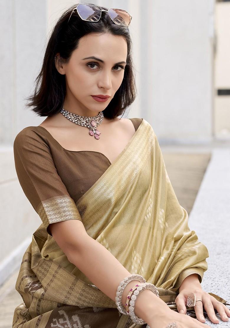 Beige Embroidered Poly Blend Sarees