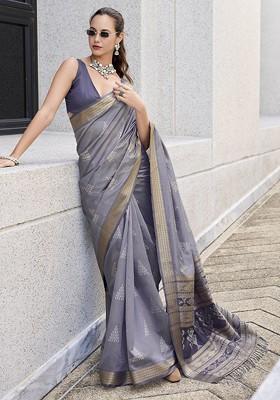 Grey Embroidered Poly Blend Sarees