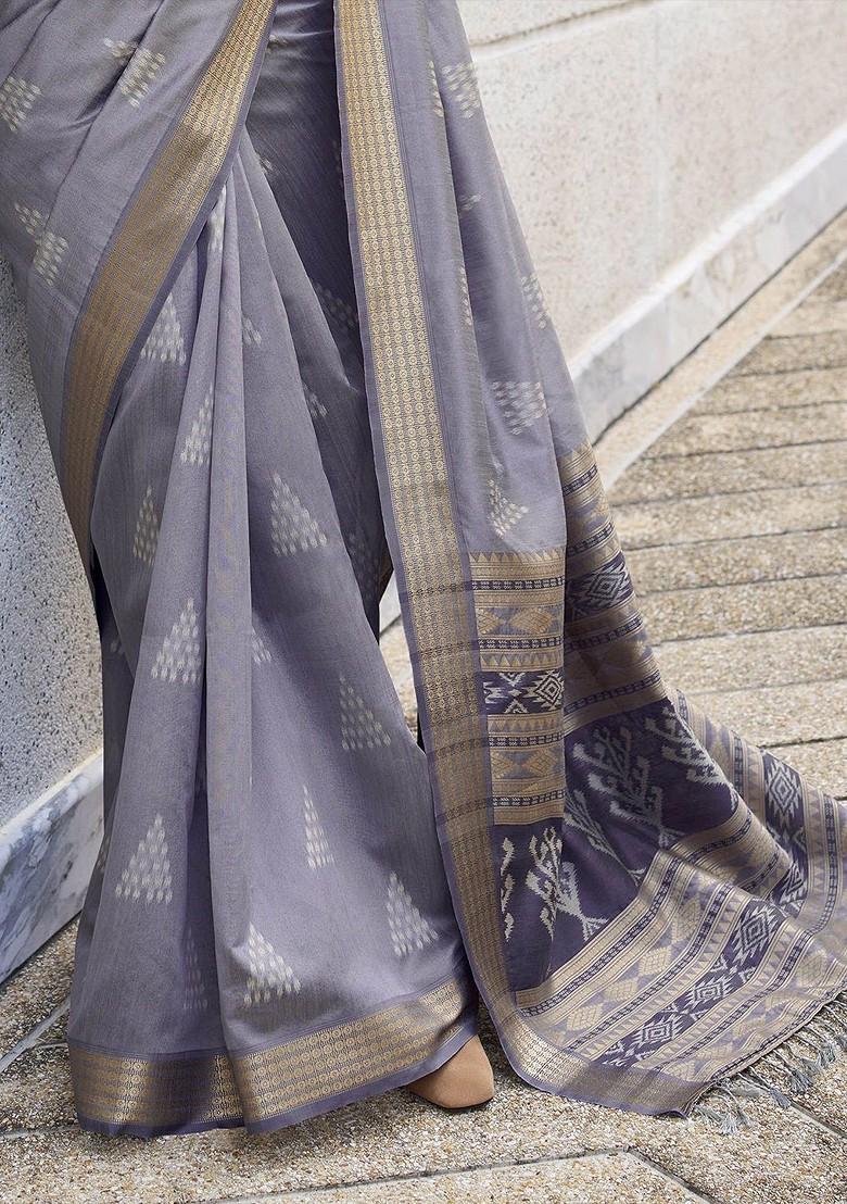 Grey Embroidered Poly Blend Sarees