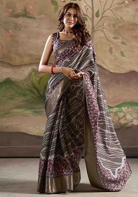 Grey Embroidered Poly Blend Sarees
