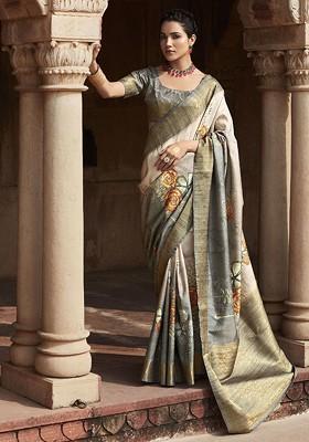 Grey Embroidered Poly Blend Sarees