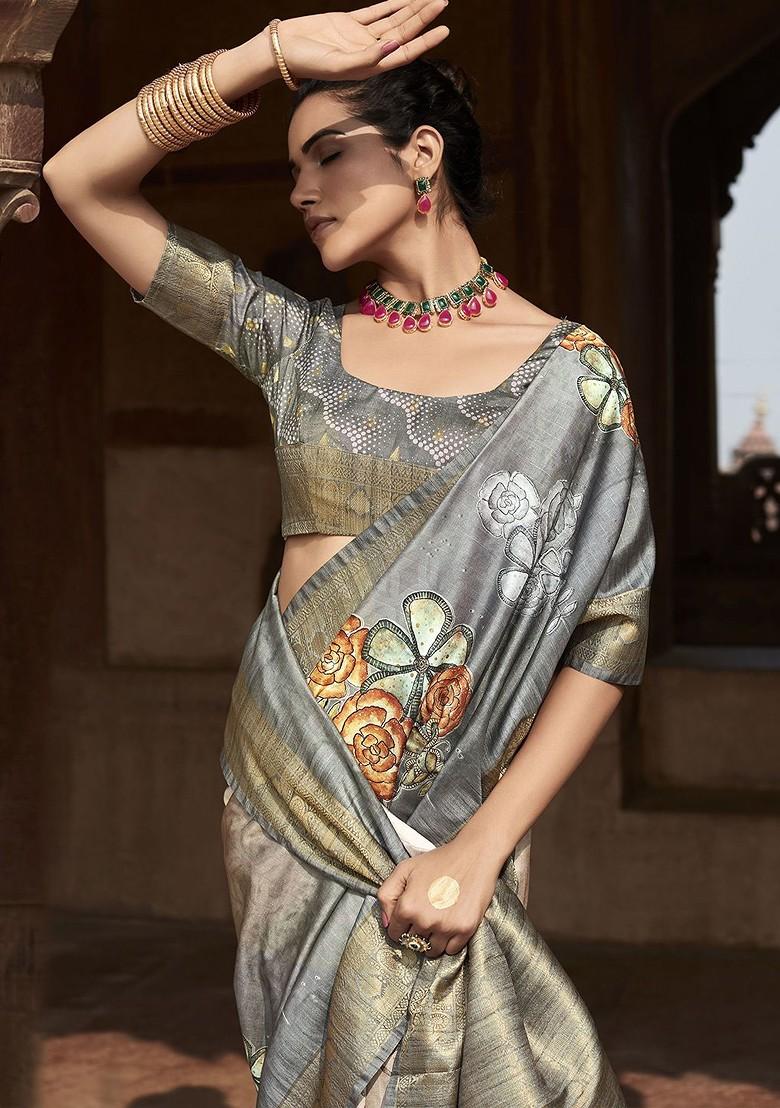 Grey Embroidered Poly Blend Sarees