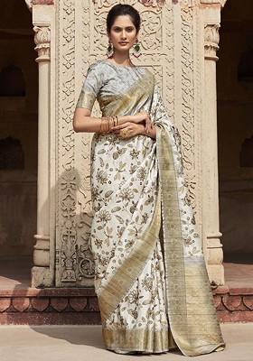 White Embroidered Poly Blend Sarees