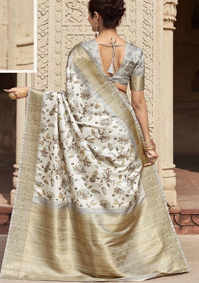 White Embroidered Poly Blend Sarees