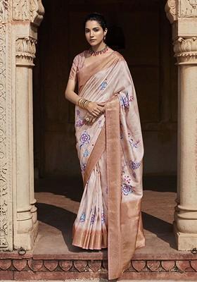 Peach Embroidered Poly Blend Sarees