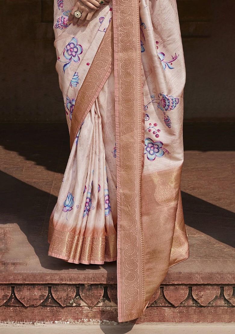 Peach Embroidered Poly Blend Sarees