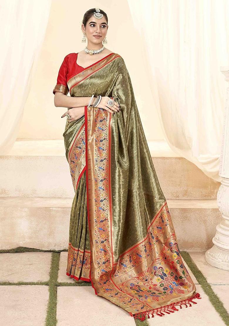 Olive Green Embroidered Poly Blend Sarees