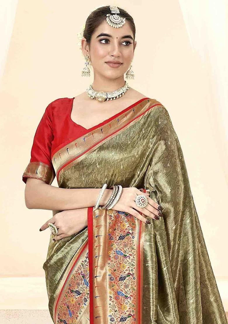 Olive Green Embroidered Poly Blend Sarees