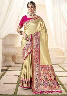 Beige Embroidered Poly Blend Sarees
