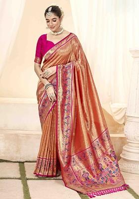 Orange Embroidered Poly Blend Sarees
