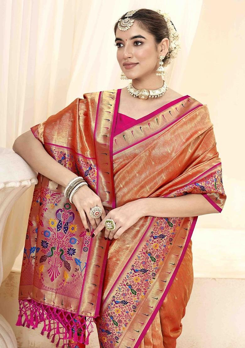 Orange Embroidered Poly Blend Sarees