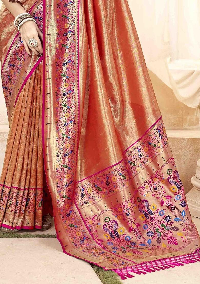 Orange Embroidered Poly Blend Sarees