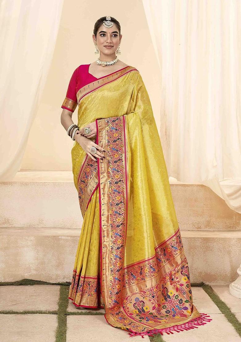 Yellow Embroidered Poly Blend Sarees