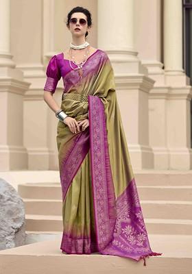 Olive Green Embroidered Poly Blend Sarees
