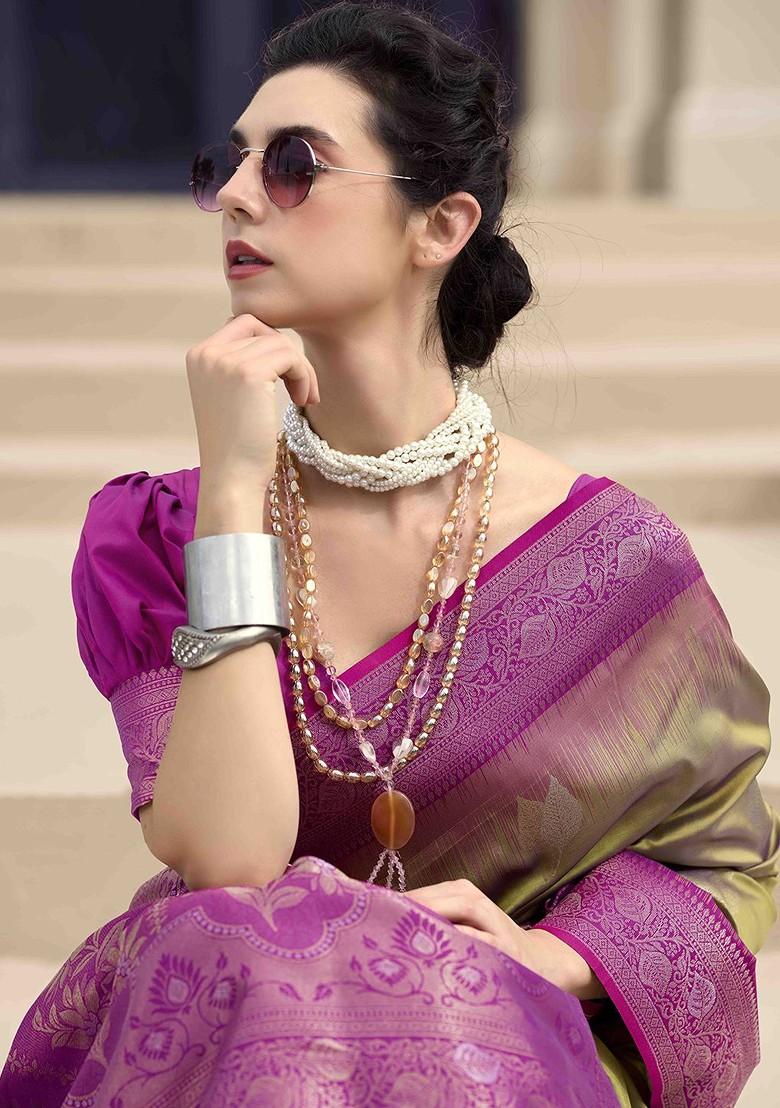 Olive Green Embroidered Poly Blend Sarees