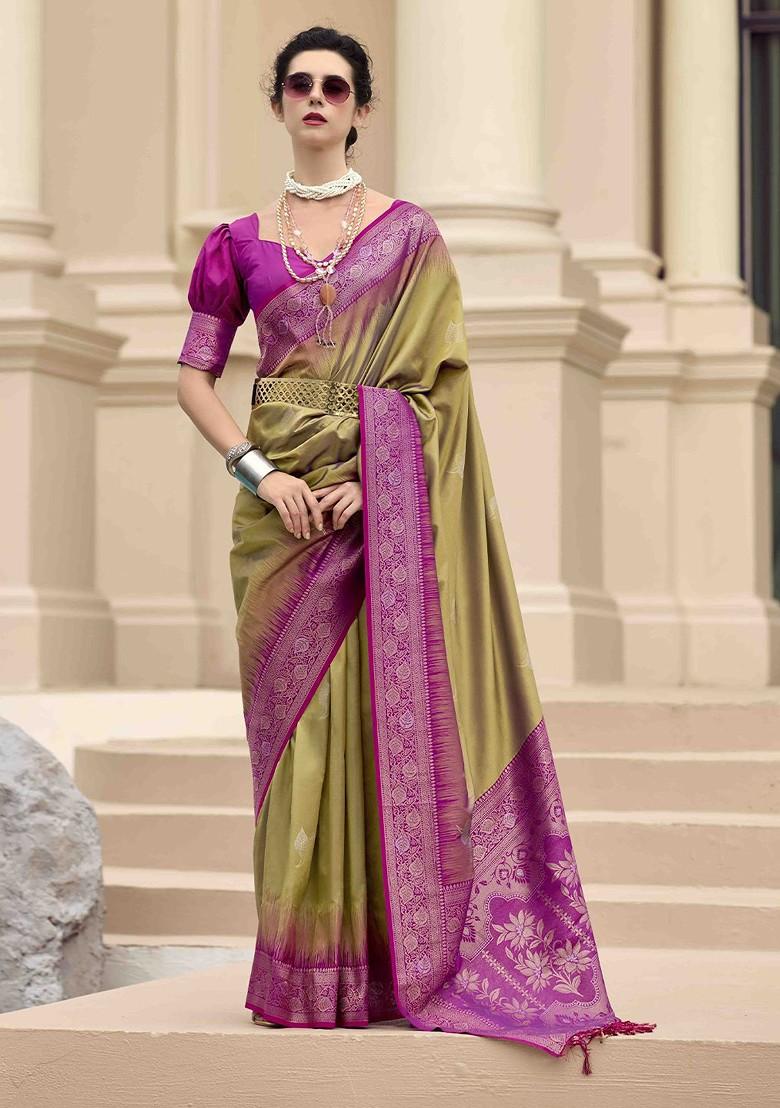 Olive Green Embroidered Poly Blend Sarees