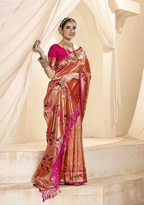 Orange Embroidered Poly Blend Sarees