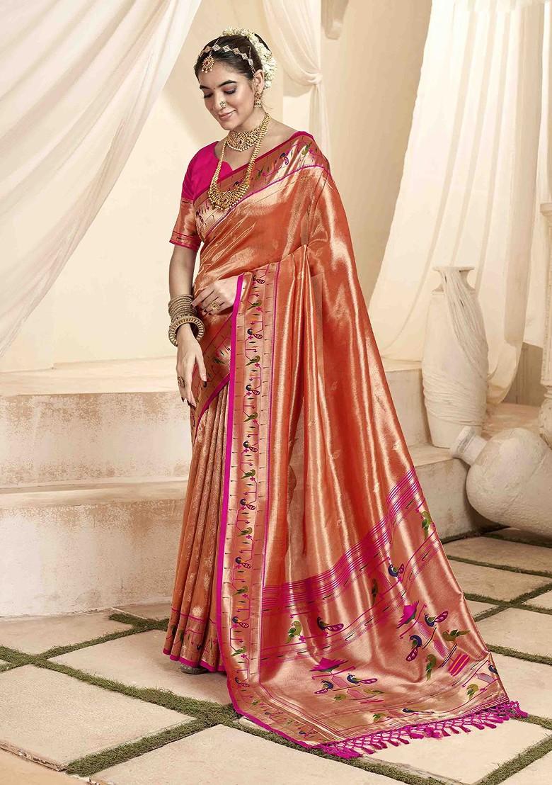 Orange Embroidered Poly Blend Sarees