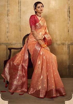 Peach Embroidered Poly Blend Sarees
