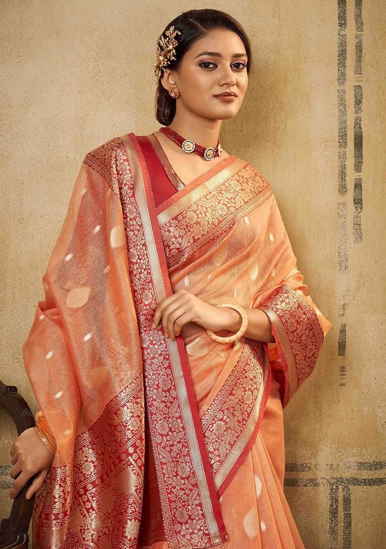 Peach Embroidered Poly Blend Sarees