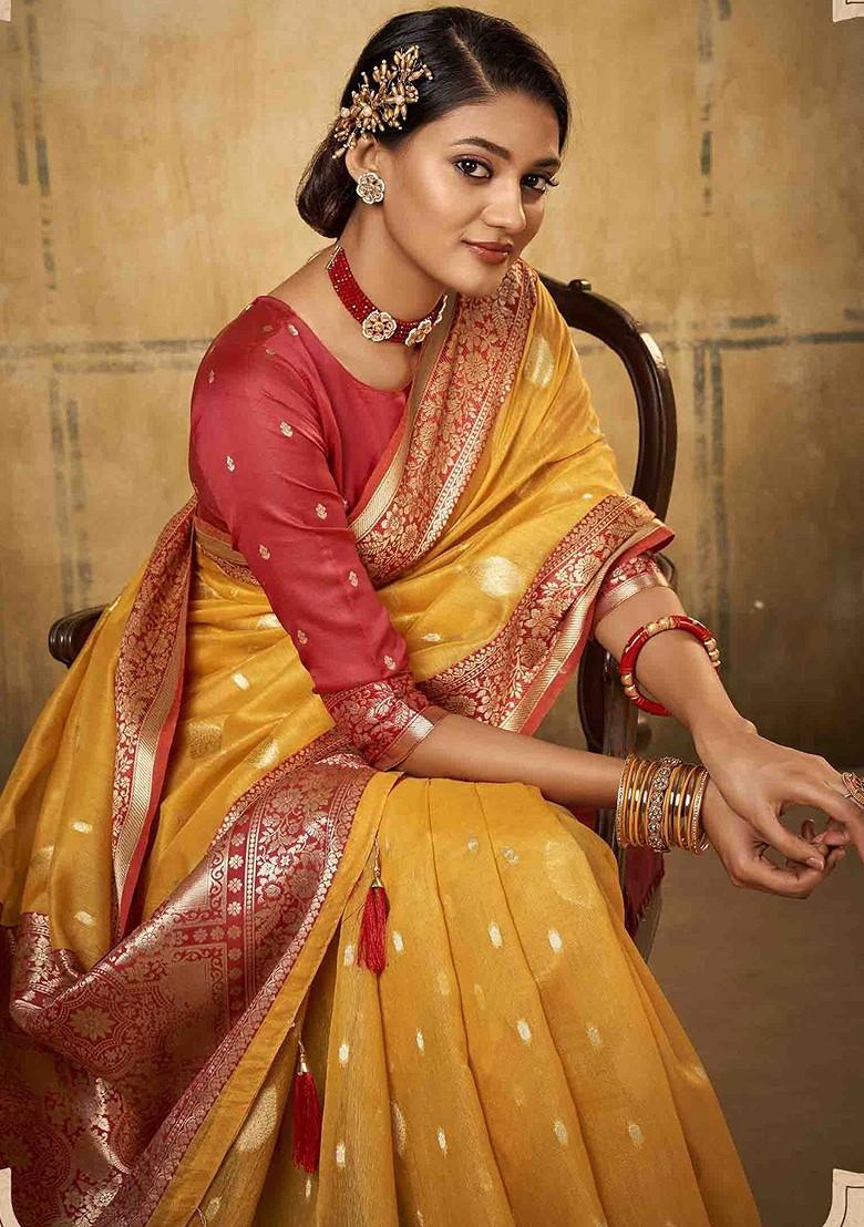 Yellow Embroidered Poly Blend Sarees