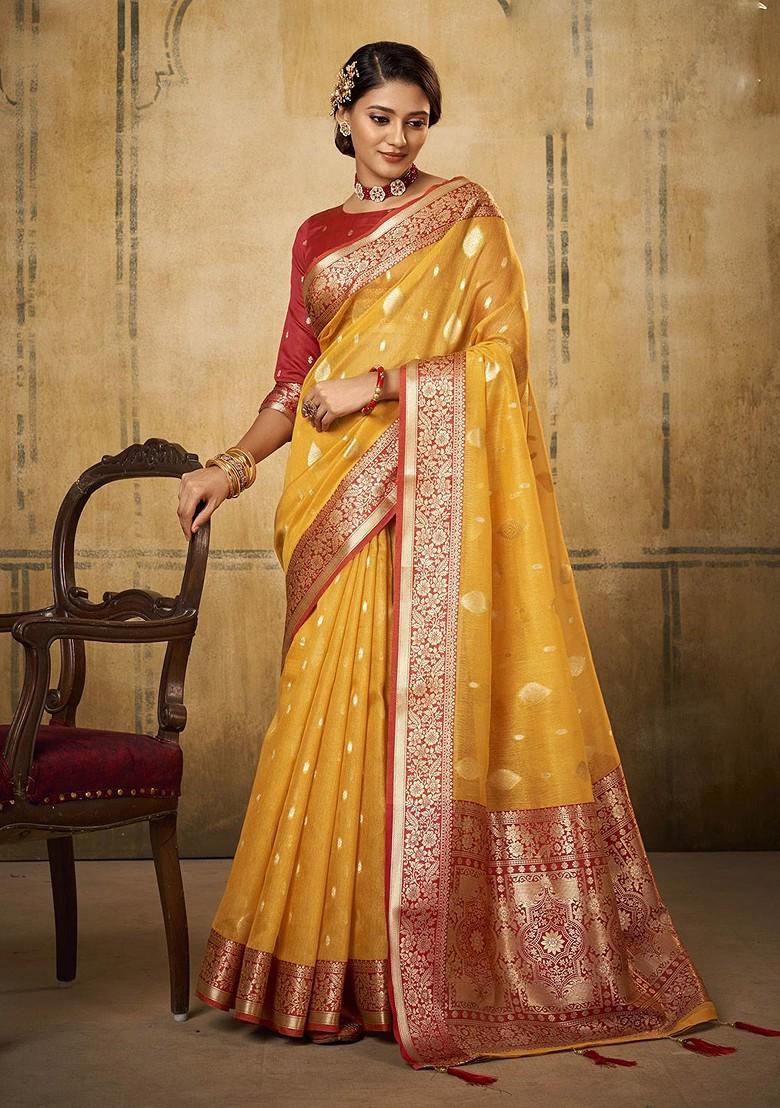Yellow Embroidered Poly Blend Sarees