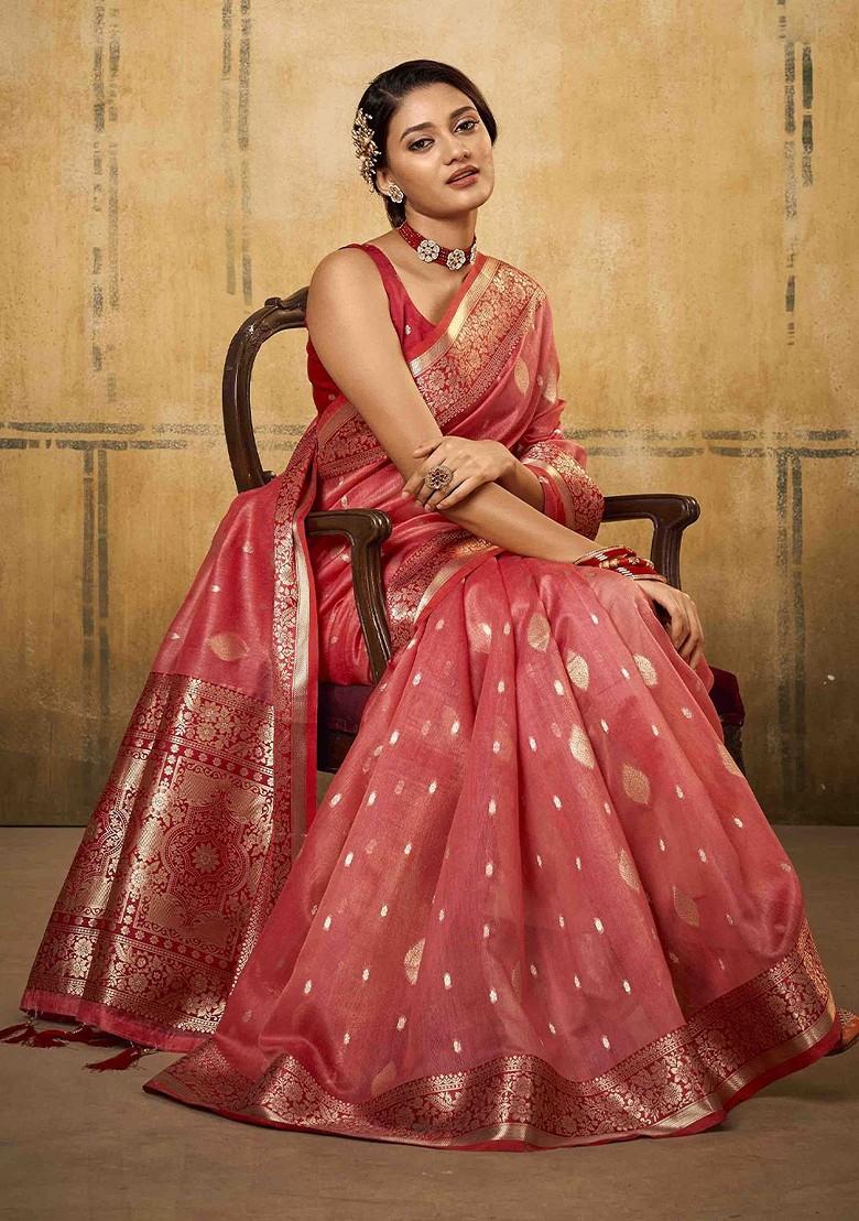 Pink Embroidered Poly Blend Sarees