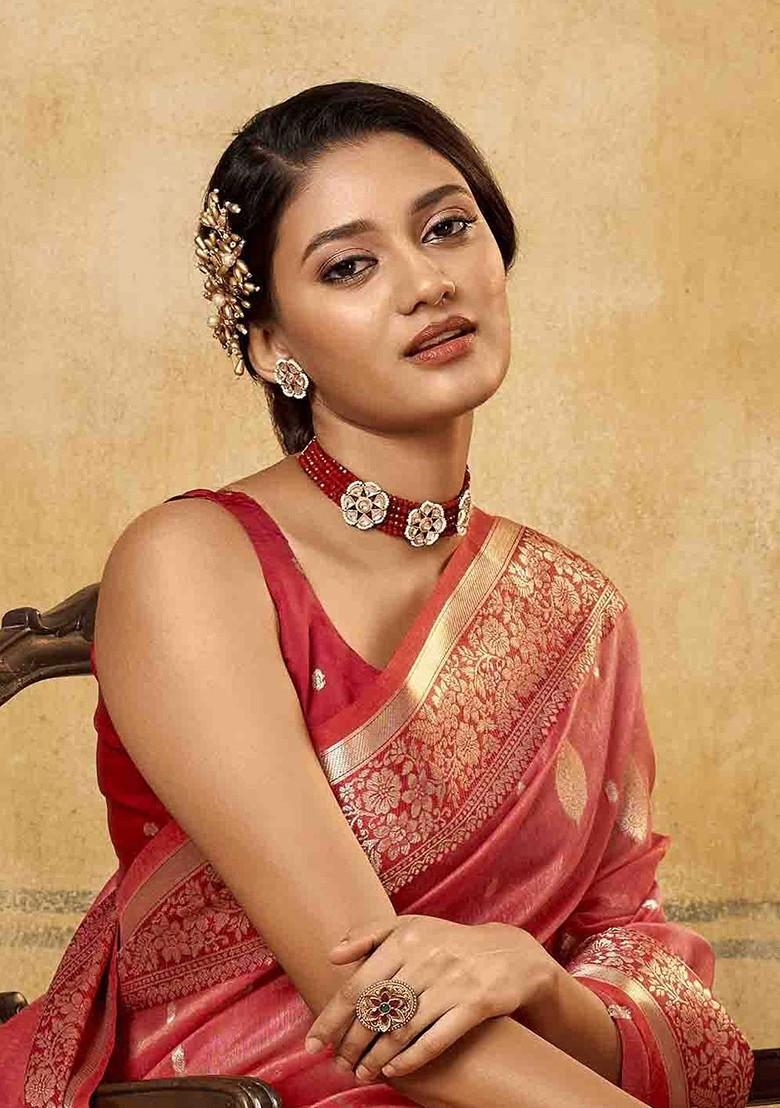 Pink Embroidered Poly Blend Sarees