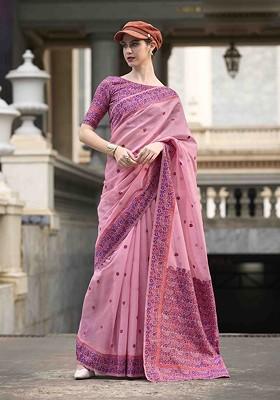 Pink Embroidered Poly Blend Sarees