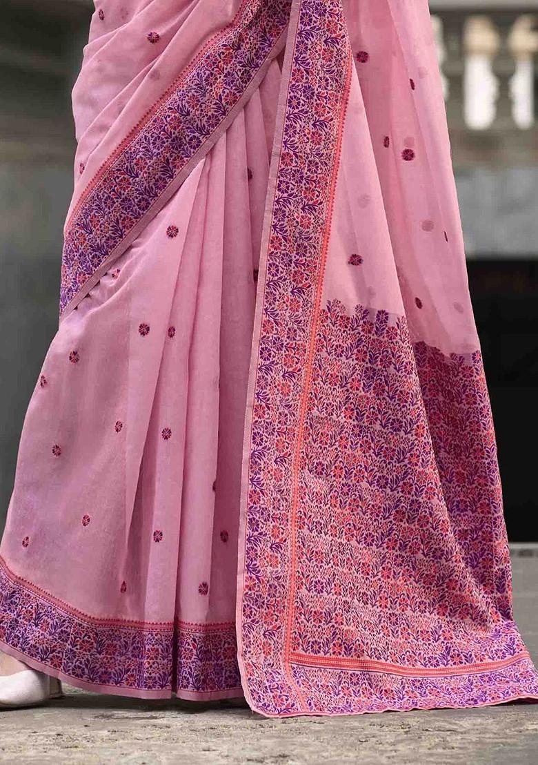 Pink Embroidered Poly Blend Sarees