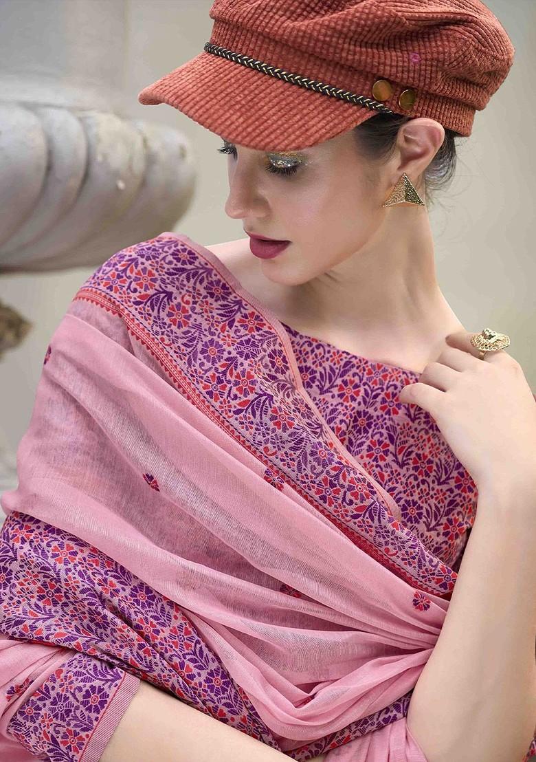 Pink Embroidered Poly Blend Sarees