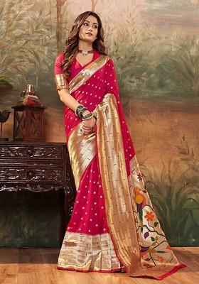 Pink Embroidered Poly Blend Sarees