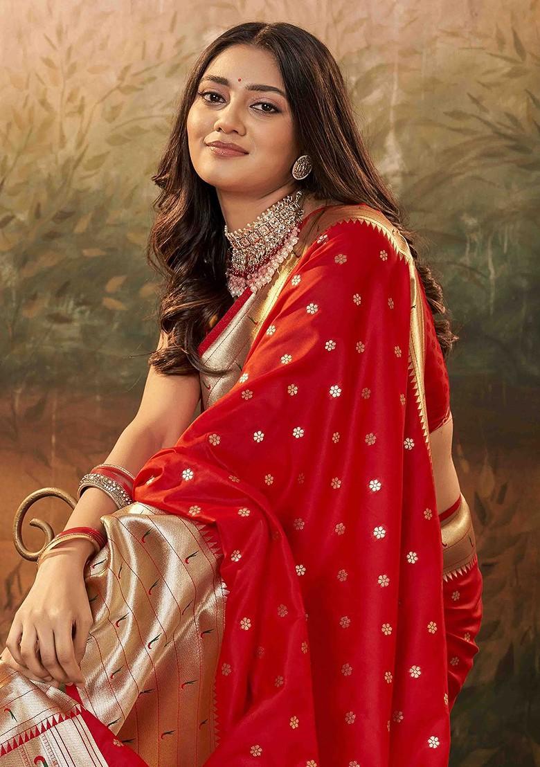 Red Embroidered Poly Blend Sarees
