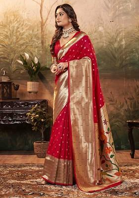 Red Embroidered Poly Blend Sarees