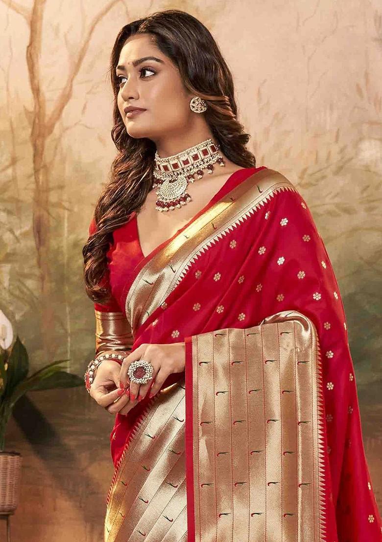 Red Embroidered Poly Blend Sarees