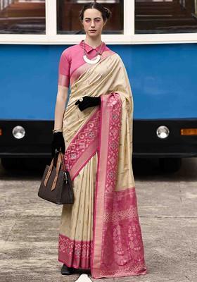 Beige Embroidered Poly Blend Sarees